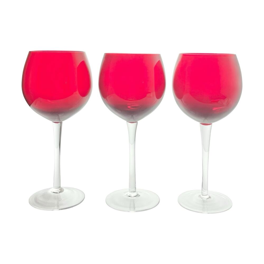 Set of 3 Ruby Red Large Balloon Wine Glasses 8 3/4” 14oz